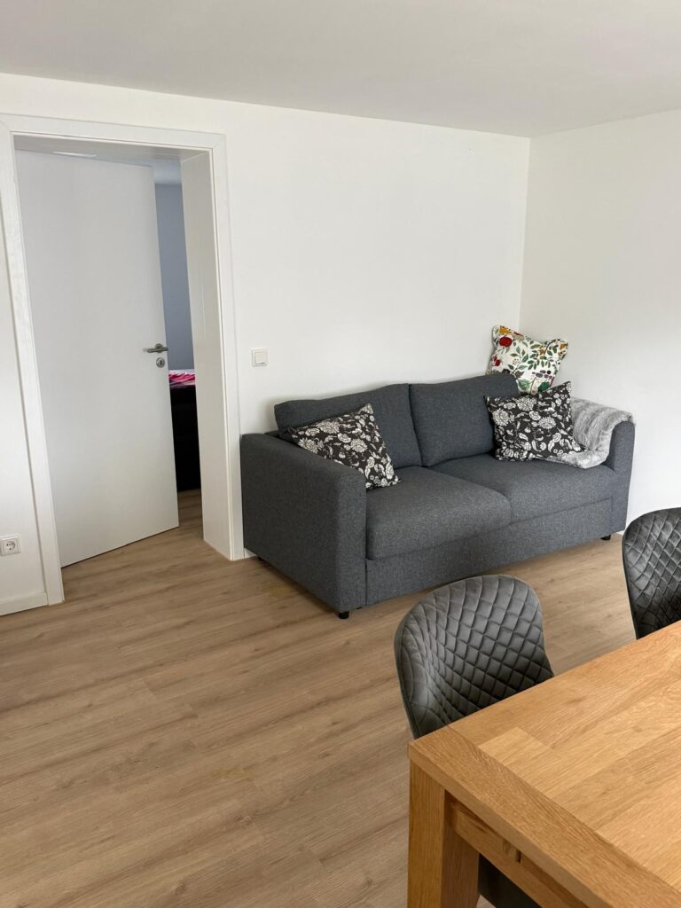 Wohnbereich mit gemütlichem Schlafsofa und Blick ins Schlafzimmer